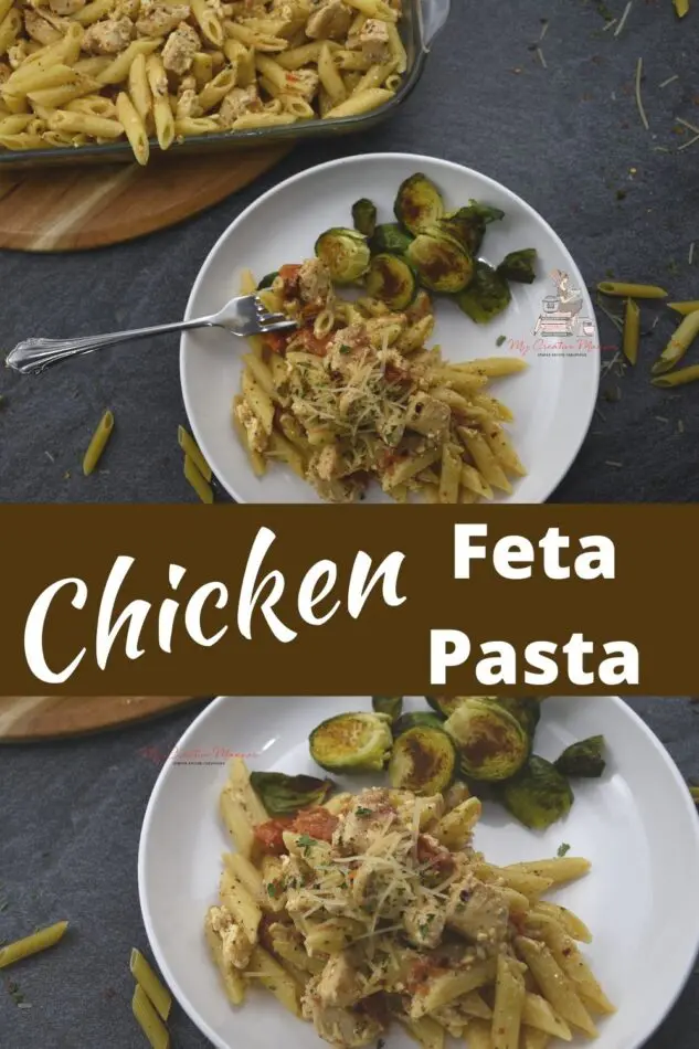 Baked chicken feta pasta on a plate with broccoli.