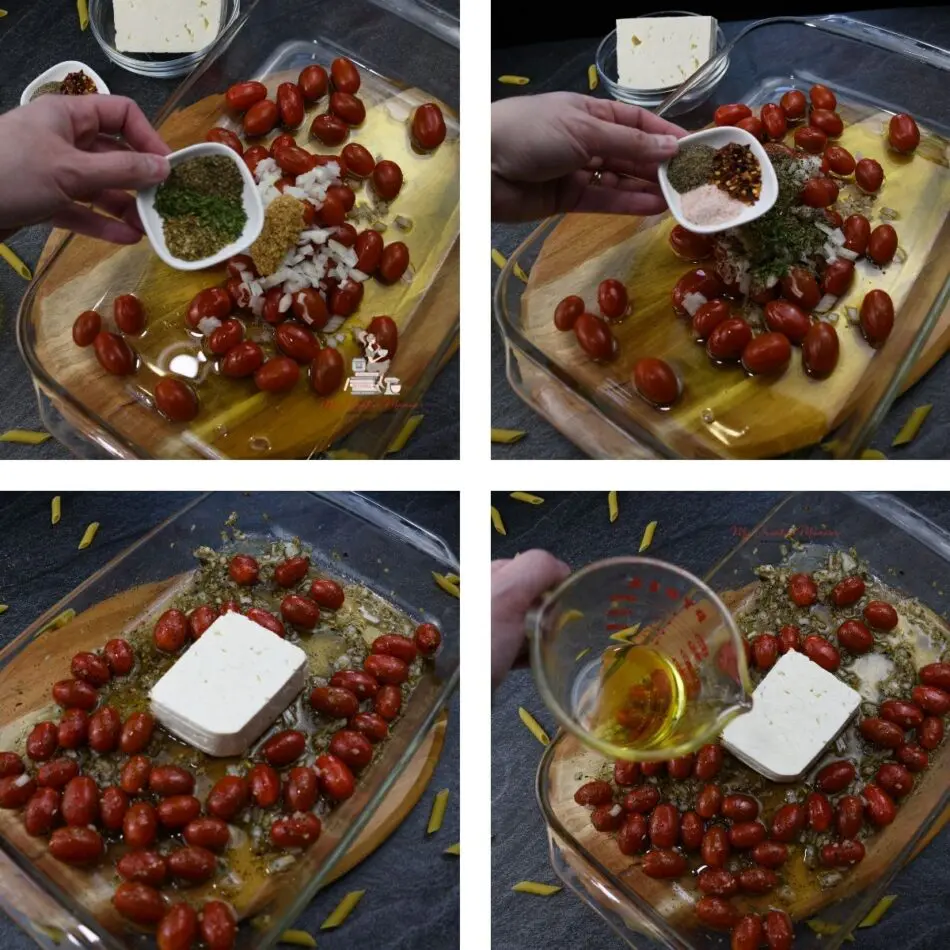 First image is a dish with basil, oregano, and parsley being added into the tomatoes. The next is a dish that has pepper, salt, and red pepper flakes that are going in with the tomatoes. The third is with the feta cheese add and the last is olive oil going to be poured onto the cheese.