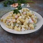 Seafood Pasta Salad with mayo dressing on a plate.