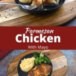 Parmesan Chicken made with mayo on a plate with mashed potatoes and broccoli.