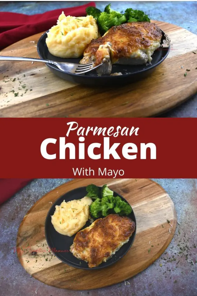 Parmesan Chicken made with mayo on a plate with mashed potatoes and broccoli.