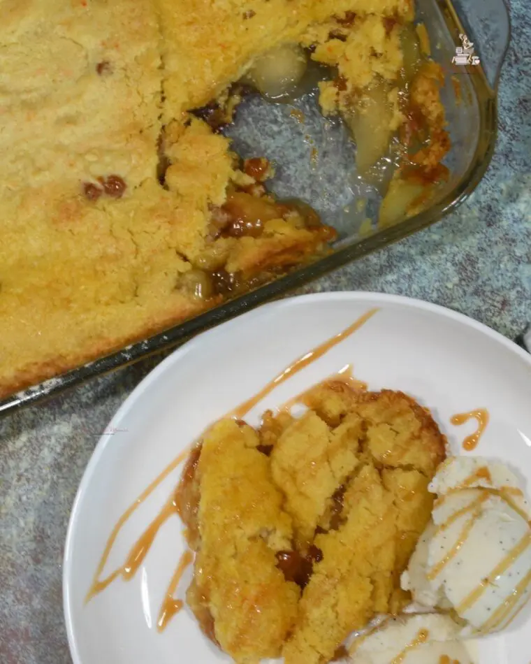 Apple dump cake on a plate and in a baking dish.