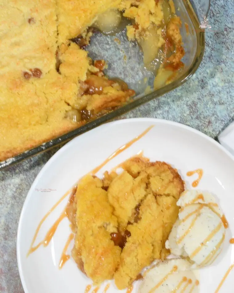 Apple dump cake with caramel on a plate and in a baking dish.