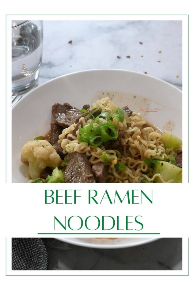 A bowl filled with beef ramen noodles that is topped with green onion.