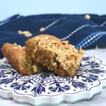 Two blondie dessert bar recipe stack on a blue and white plate.