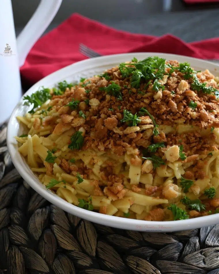 A bowl filled with the pasta recipe.