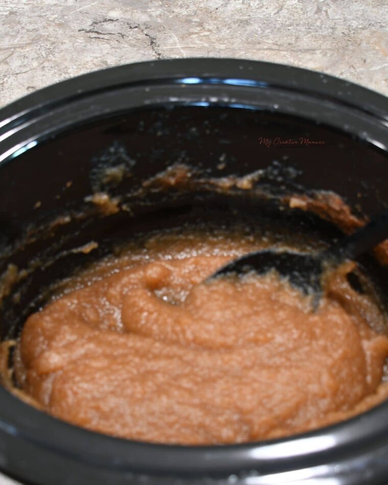 The apple pear butter sauce after it has cooked for eight hours in a crockpot.