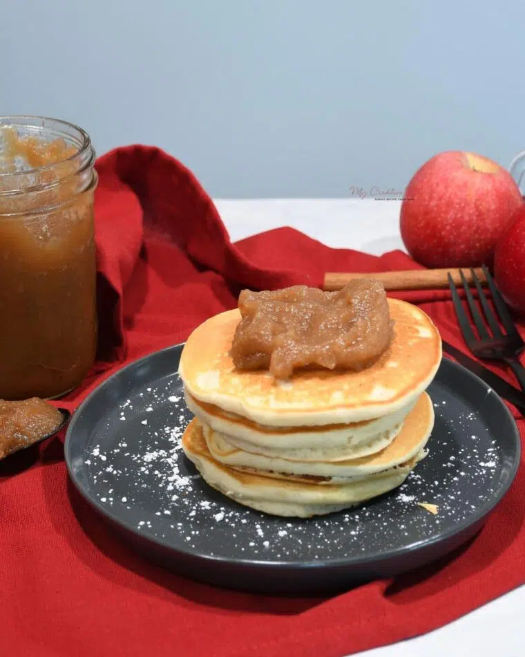 Pear apple sauce on top of pancake.