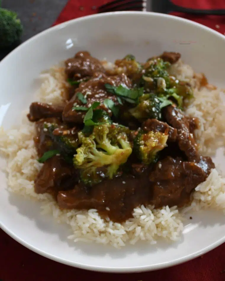 Beef in an Asian inspired sauce over white rice.