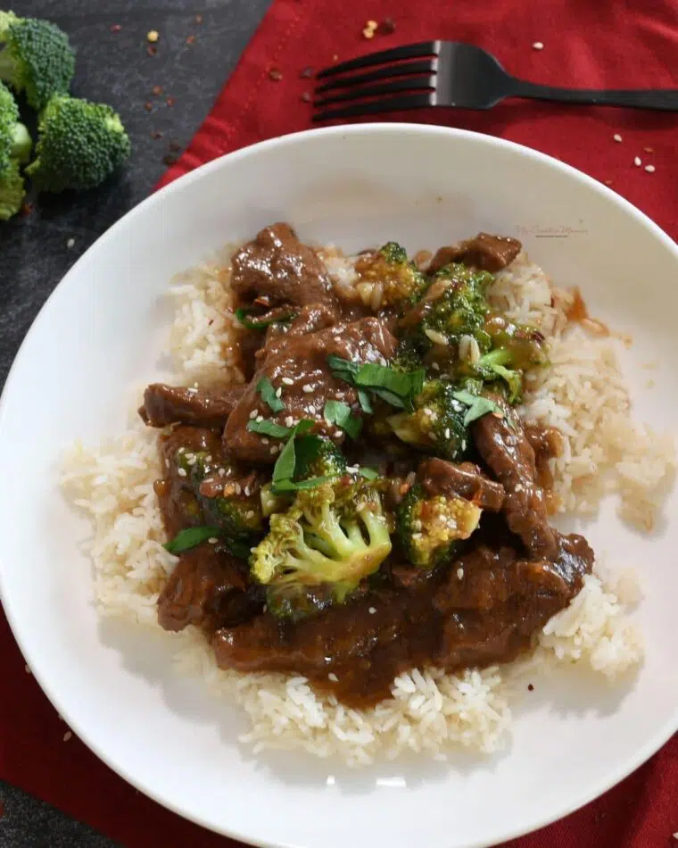 Classic beef and broccoli recipe over rice.