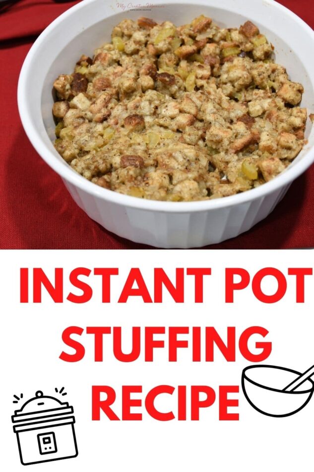 Instant Pot stuffing recipe in a baking dish.
