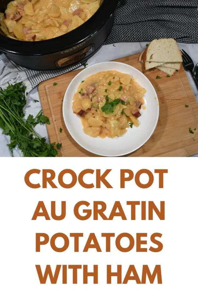 Slow cooker potato recipe is on a white plate with more in the crockpot.