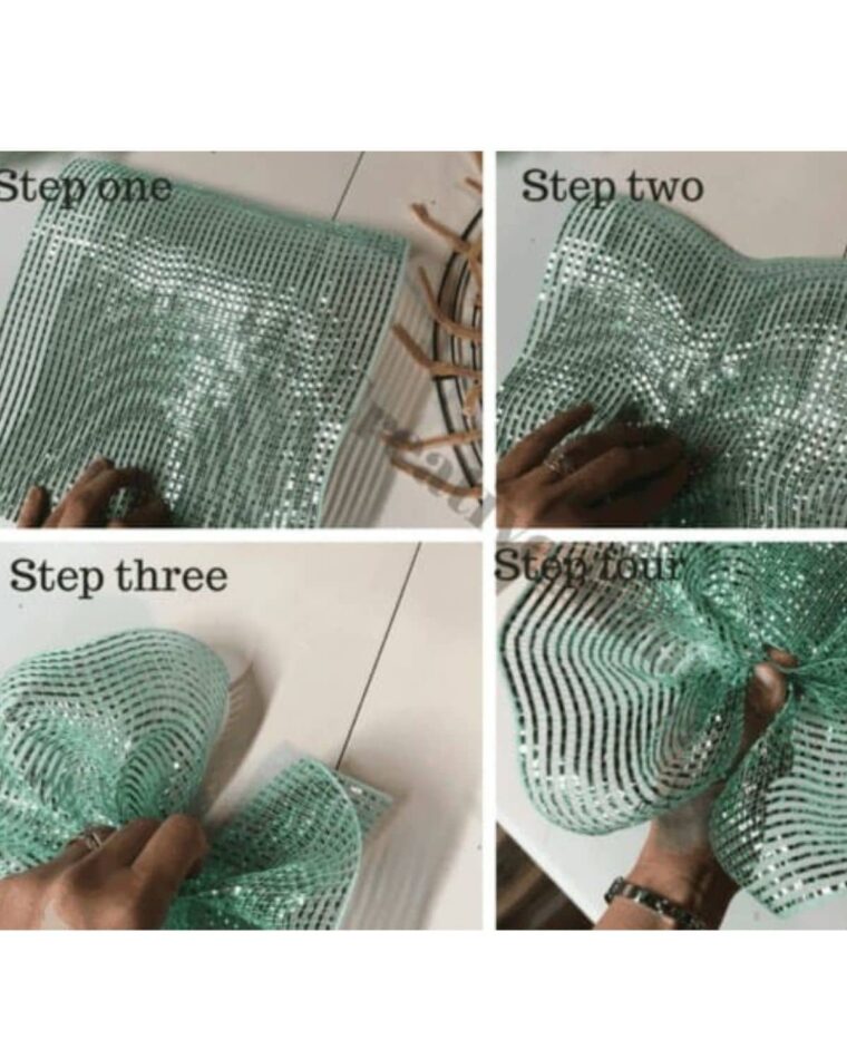 Step-by-step direction on how to gather mesh for a wreath.