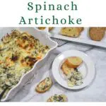 Artichoke and spinach dip on a small plate and on baguettes.