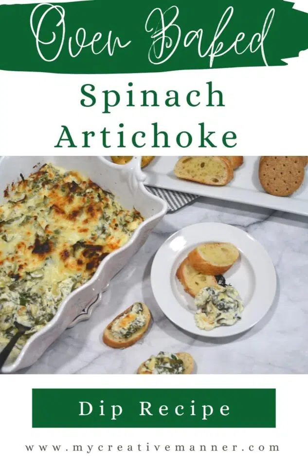Artichoke and spinach dip on a small plate and on baguettes.