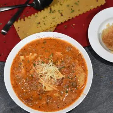 Overhead shot of a bowl of the easy lazy Instant Pot lasagna soup recipe.