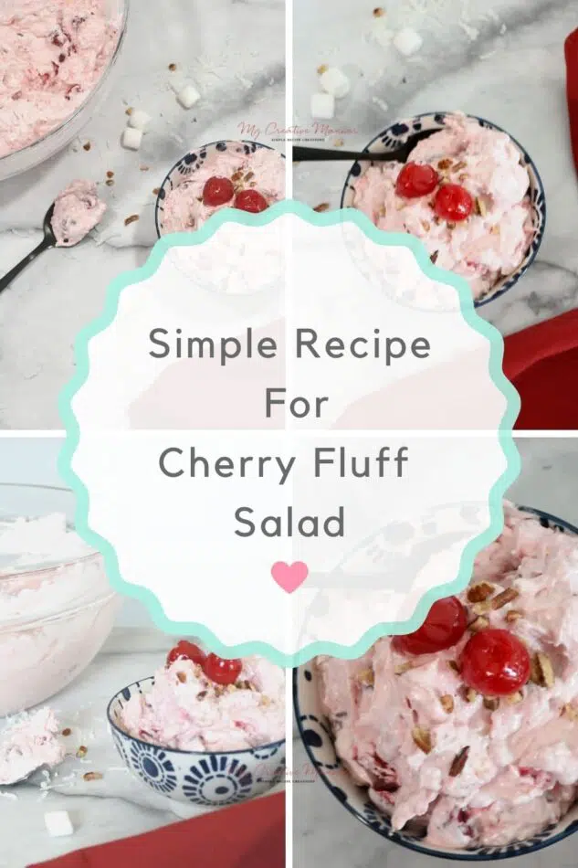 Four images of the cherry fluff salad from different angles.