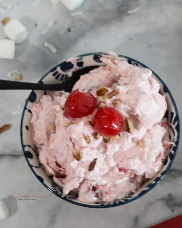 Overhead shot of the recipe for cherry fluff.