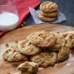 A close up of the butterscotch cookies recipe on a wood cutting board.