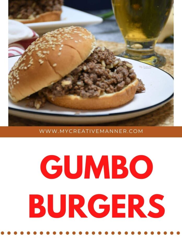 A gumbo burger on a plate with a beer next to it.
