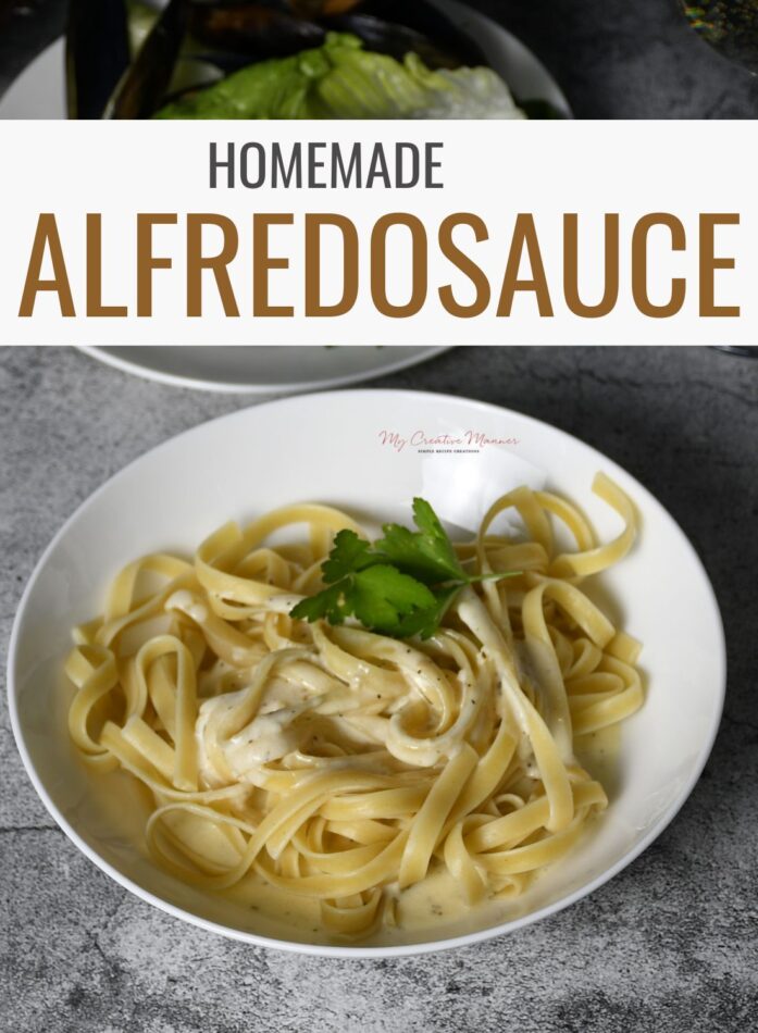 A bowl of noodles that is covered with homemade alfredo sauce.