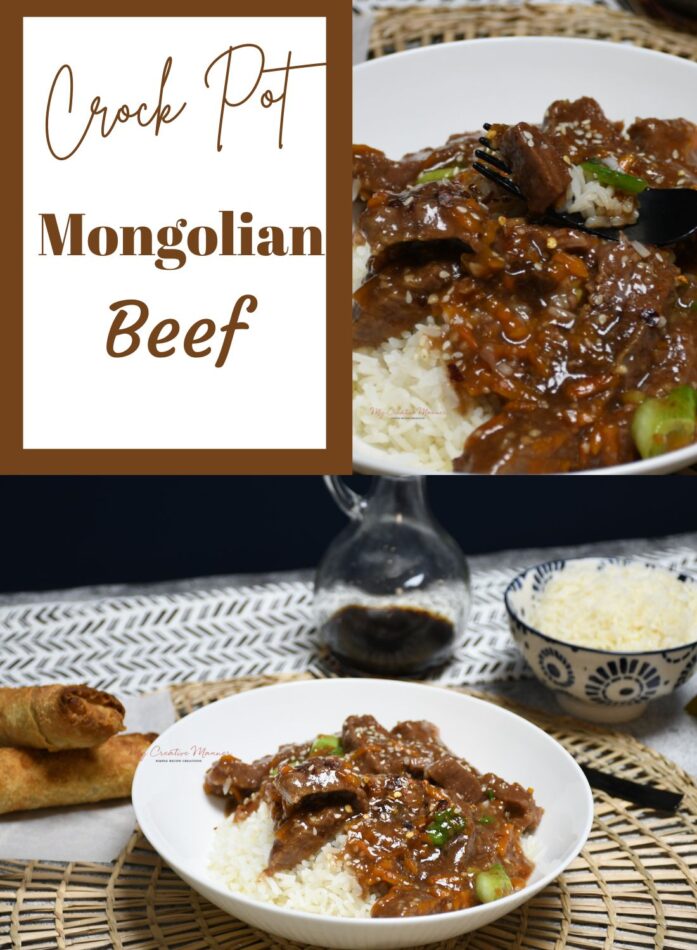 A close up image of Crock pot Mongolian beef with another image of a bowl filled with the recipe.