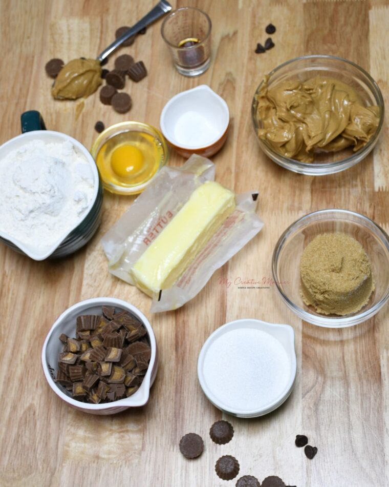 An overhead shot of all the ingredients that is needed to make these Reese's peanut butter cup cookies.