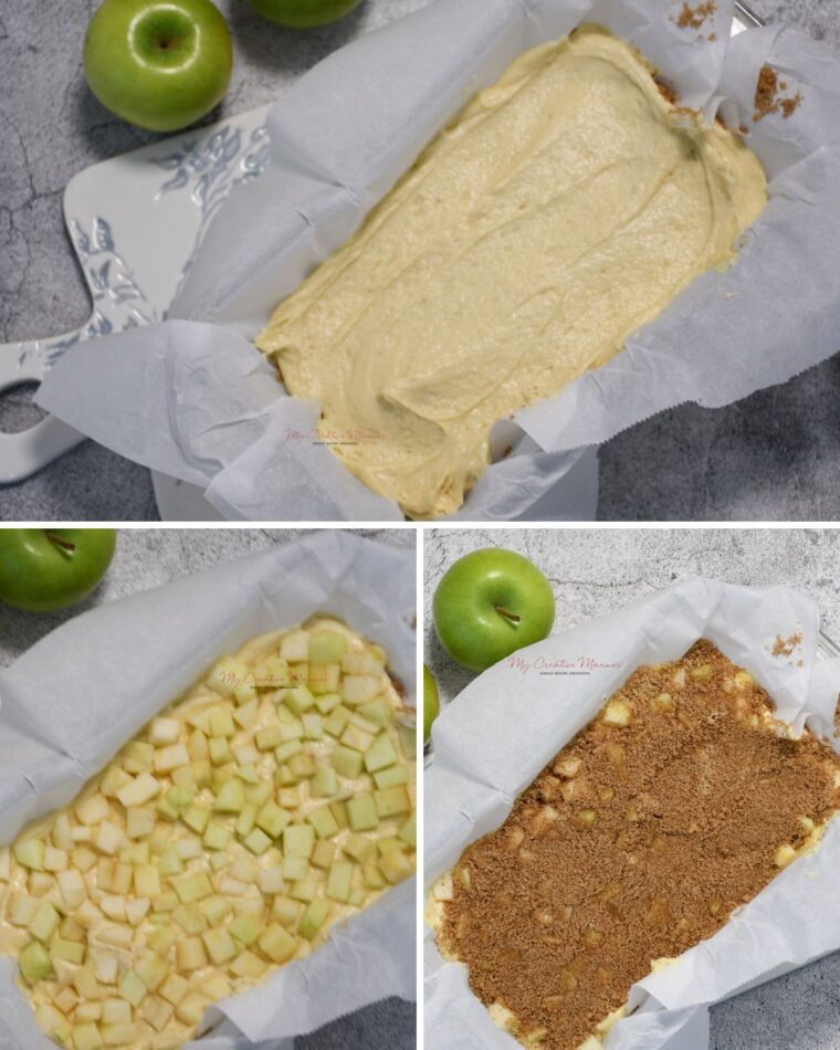 Images of layers of the apple cinnamon bread while it is being made.