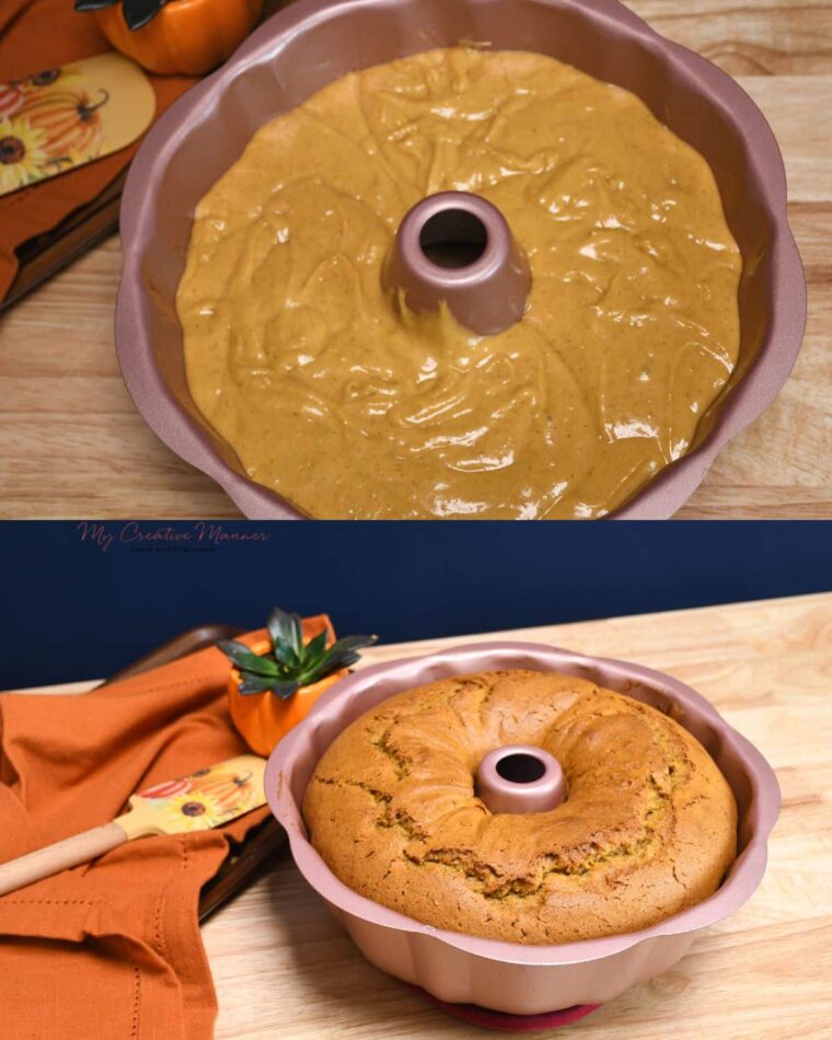 The top picture has a bundt cake filled with cake batter. The bottom of the image has a fully baked pumpkin cake in a bundt pan.