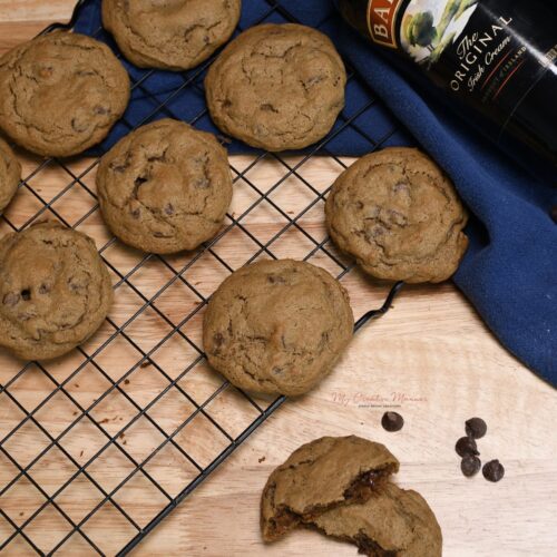 Overhead shot of a wire cooling rack filled with Baileys Irish Cream Chocolate Chip Cookies.