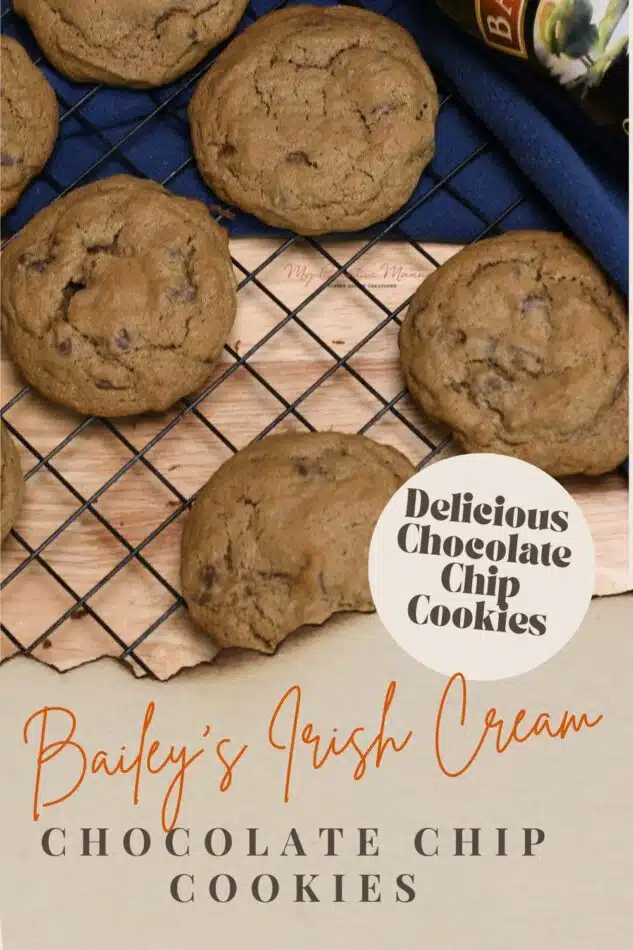 Overhead shot of cookies with the words Baileys Irish Cream chocolate chip cookies on it.