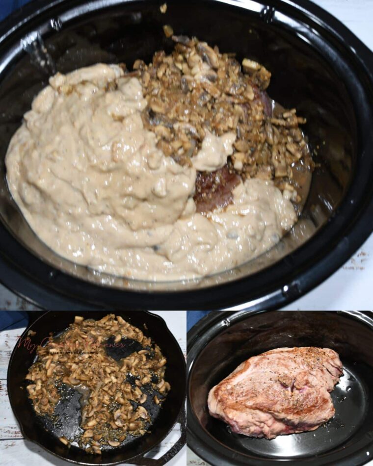 Three images of the crockpot beef roast being prepared.