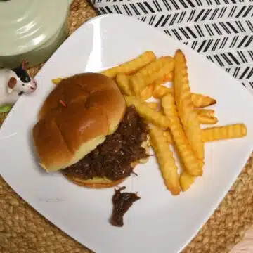 Overhead shot of Instant Pot bbq beef that is on a hamburger bun with fries next to it.