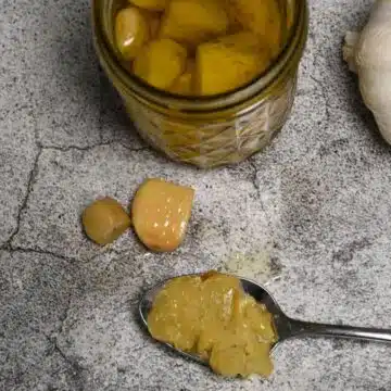 Overhead image of a spoon with mashed garlic and more garlic confit in a jar.