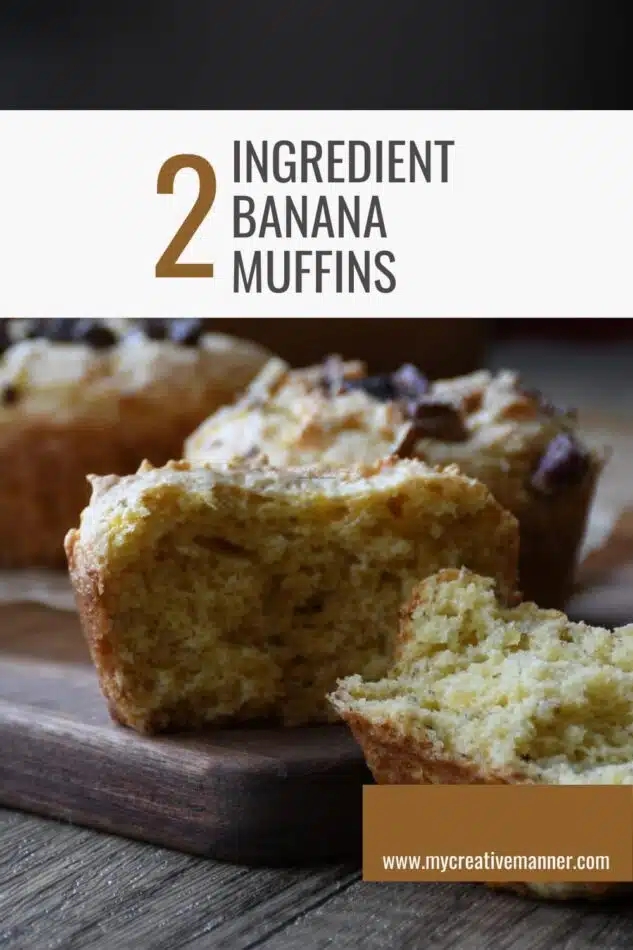 A banana muffin that has been spilt in half with the works 2 ingredient banana muffins above it.