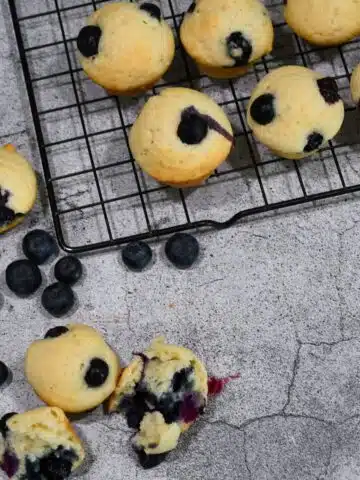 Overhead image of blueberry mini muffins on a cooling rack.