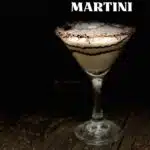An image of a full cocktail glass with the words easy chocolate martini above it.