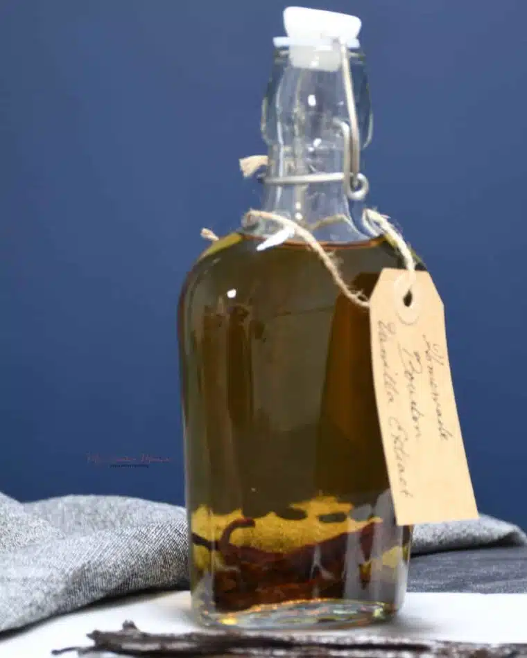 A bottle of homemade bourbon vanilla extract.
