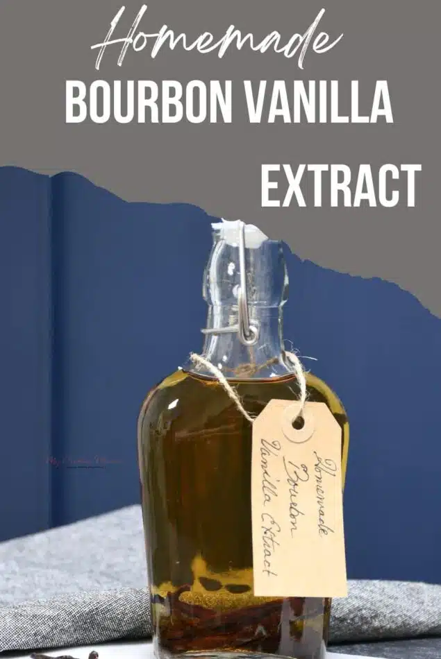 A bottle of homemade vanilla extract with a tag.