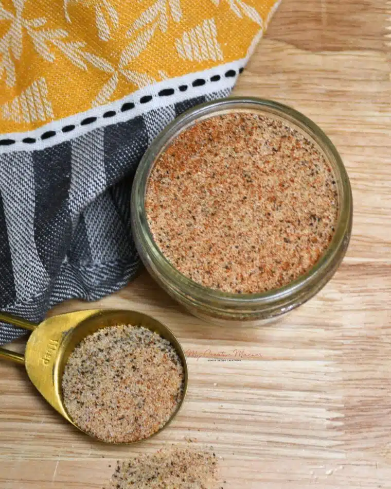 Overhead image of a jar that is filled with the seasoned salt recipe.