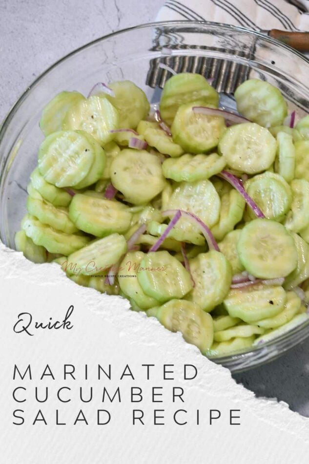 A bowl of summer refreshment of marinated cucumbers salad made with crisp cucumbers and a zesty marinade.