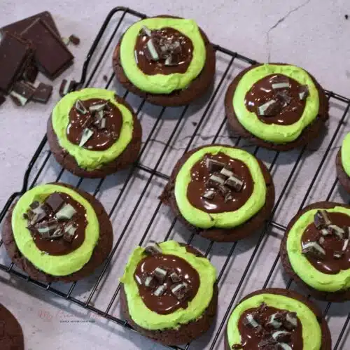Overhead image of the finished grasshopper cookie recipe on a cooling rack.