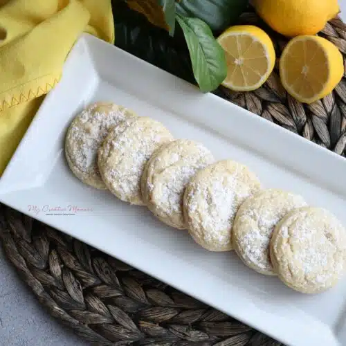 Overhead image of a plate with copycat Panera lemon drop cookie recipe on it.