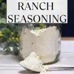 A spoon with the seasoning blend on it and the words homemade ranch seasoning at the top of the image.