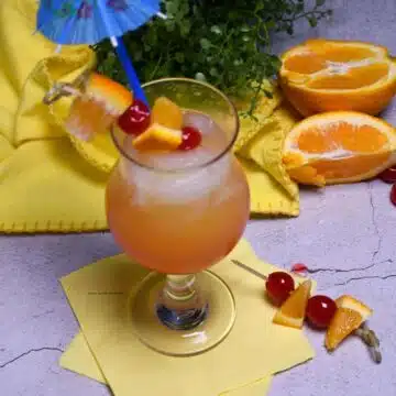 Overhead image of Malibu Sunset drink recipe in a glass.