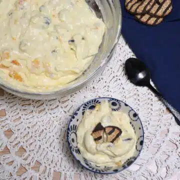 Overhead image of a small bowl that is filled with the cookie salad.