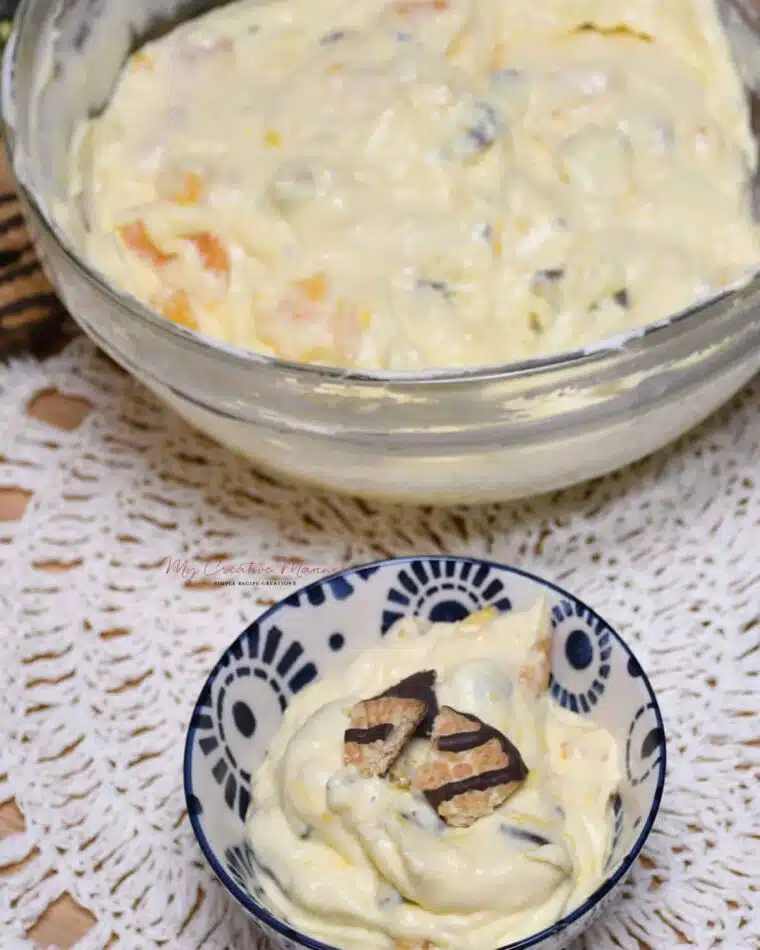 Closeup of a small bowl of the cookie salad.