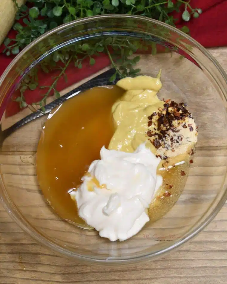Overhead image of all the ingredients to make this dipping sauce in a bowl.