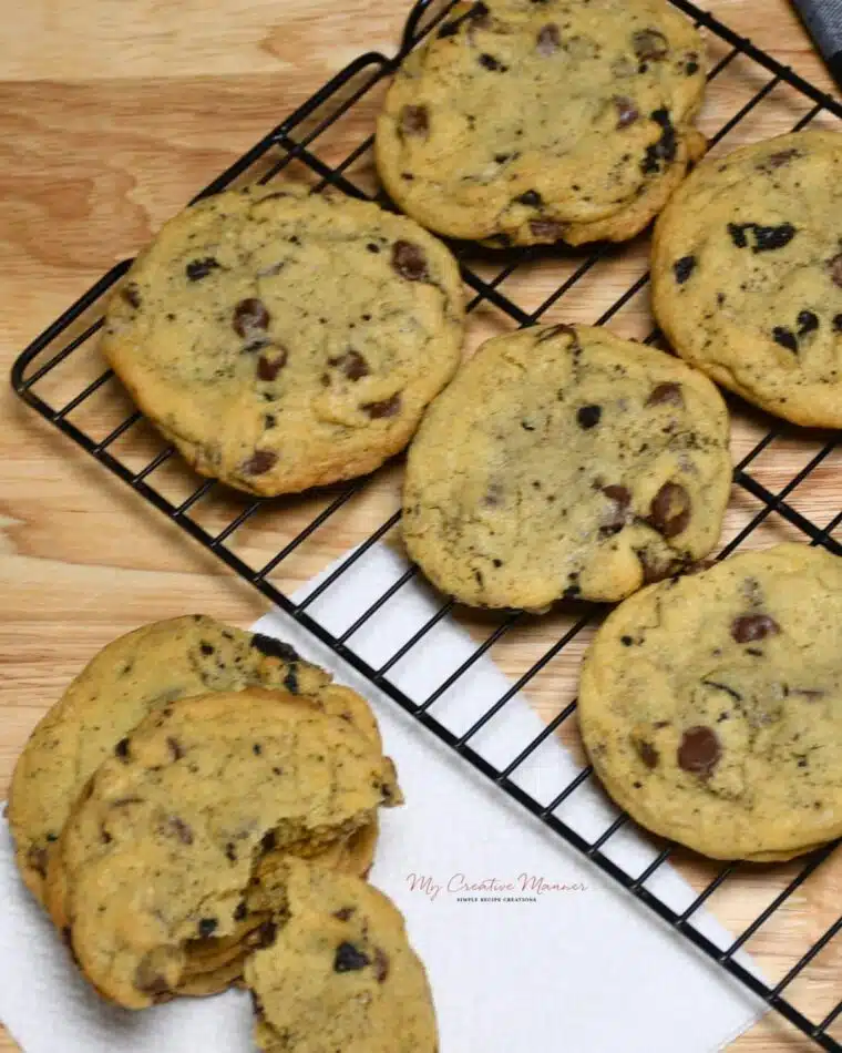 Overhead image of Chocolate Chip Oreo cookies on a coolingr ack.