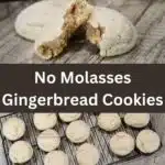 The words no molasses gingerbread cookies is in the middle of the image with a close up of the cookie at the top. On the bottom is a batch of the cookies on a wire cooling rack.